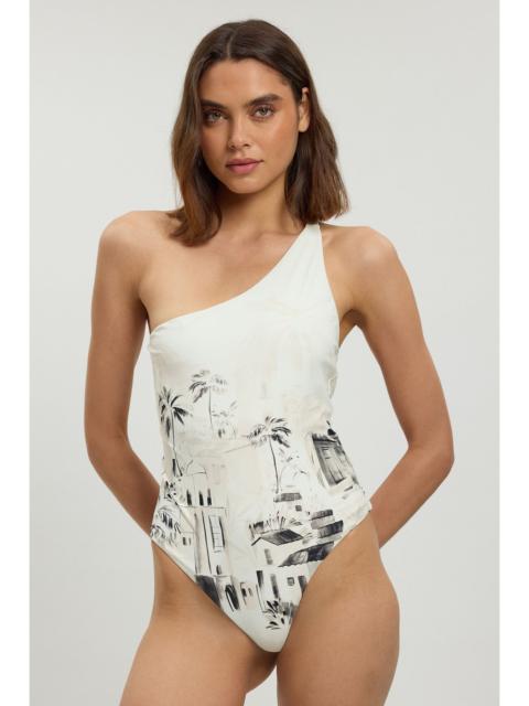 KAREN MILLEN Scenic Print One Shoulder Swimsuit