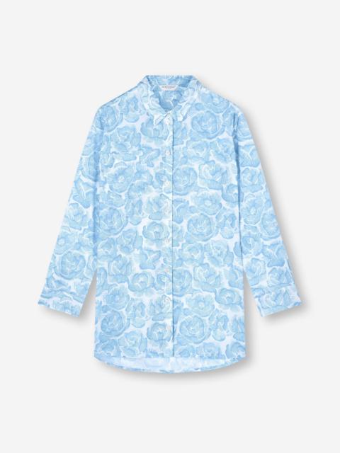 Derek Rose Women's Nightshirt Cotton Batiste Light Blue & White Rose Print