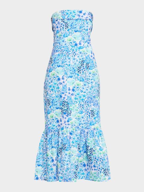 Shoshanna Wright Strapless Floral-Print Flounce Midi Dress