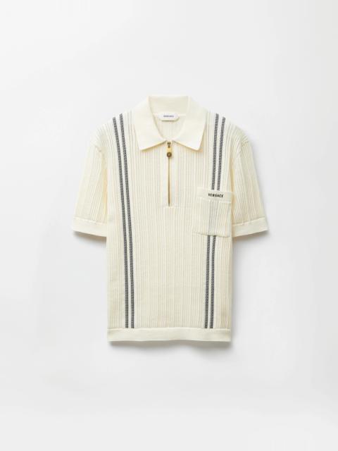 VERSACE Embroidered Logo Cotton Knit Polo Shirt