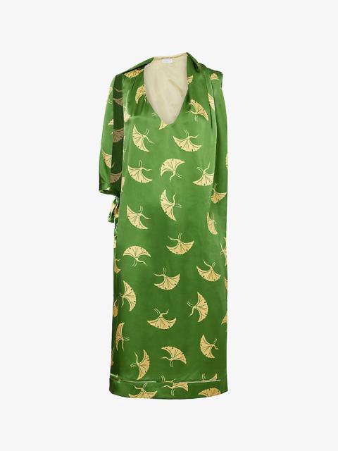 Dries Van Noten Crane Bird-print V-neck relaxed-fit silk midi dress