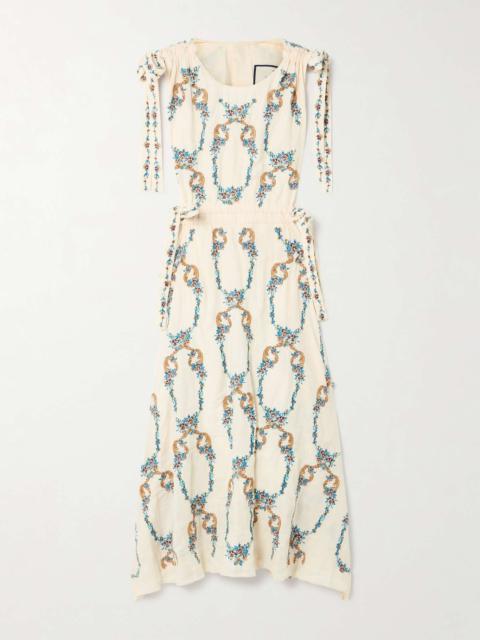 Guaguancò Florero tie-detailed cutout embroidered linen midi dress