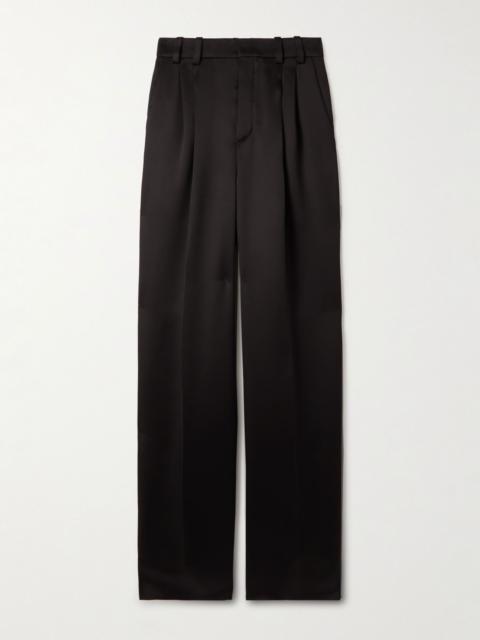 SAINT LAURENT Pleated silk-satin straight-leg pants Black