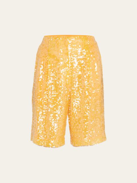 LAPOINTE High-Rise Sequin Pleated Bermuda Shorts
