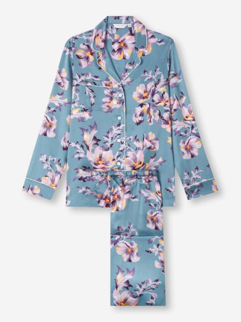 Derek Rose Women's Pajamas Silk Satin Blue Wildflower Pattern