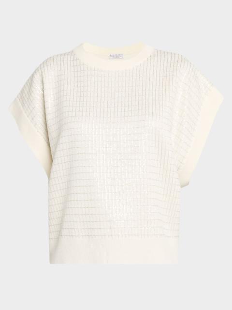 Brunello Cucinelli Windowpane Paillette Wool-Cashmere Short-Sleeve Sweater