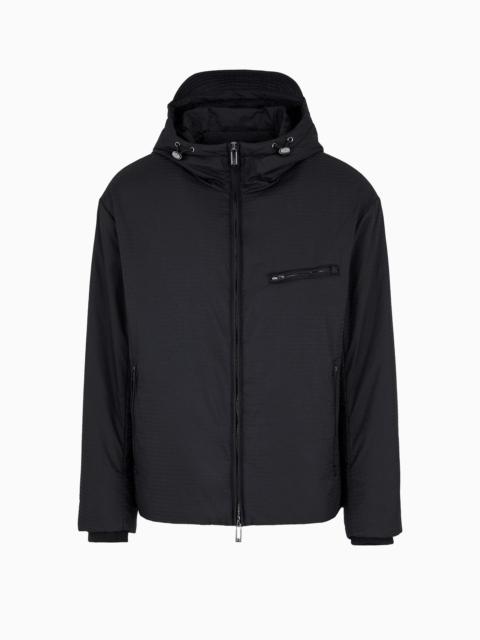 Lightweight nylon, hooded zip-up blouson with all-over jacquard lettering