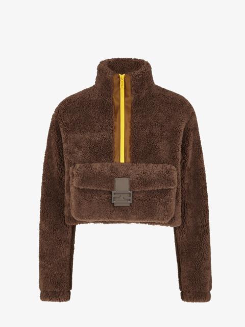 FENDI High collar cropped blouson, closed with a half zipper at the front. Made of teddy-effect brown wool