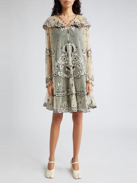 BODE Bode Birch Long Sleeve Embroidered Sheer Dress in Peral/Black/White at Nordstrom