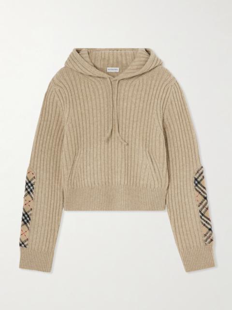 Burberry Checked Bouclé-trimmed Ribbed Wool And Cashmere-blend Hoodie