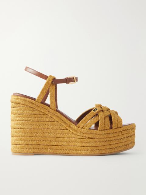 Valentino 120 Leather-trimmed Logo-embellished Raffia Espadrille Wedge Sandals