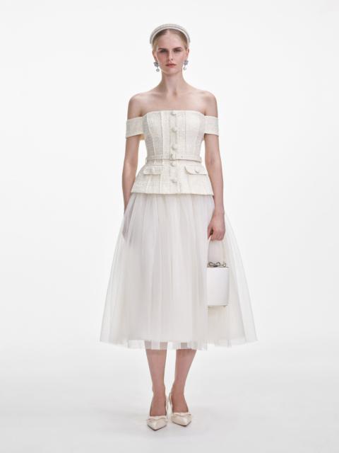 self-portrait Cream Boucle Tulle Midi Dress