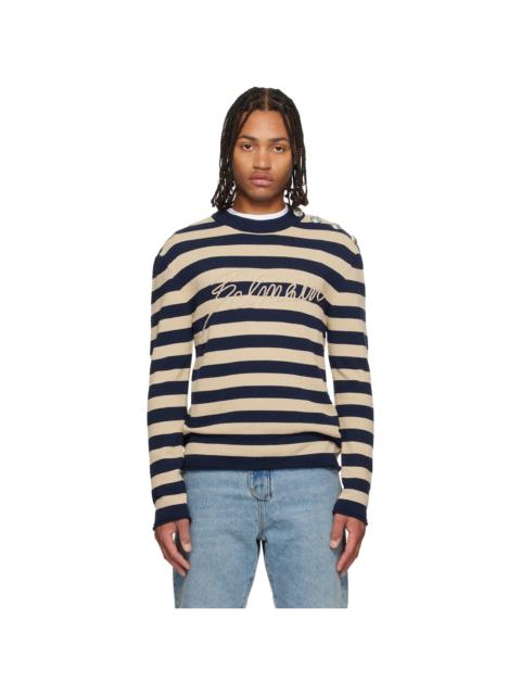 Balmain Navy & Beige 'Balmain' Logo Marinière Sweater