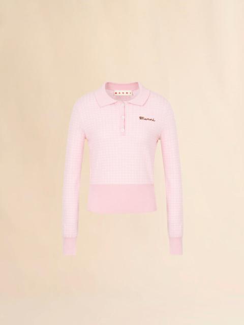 Marni PINK WOOL-SILK POLO SHIRT WITH JACQUARD CHECK