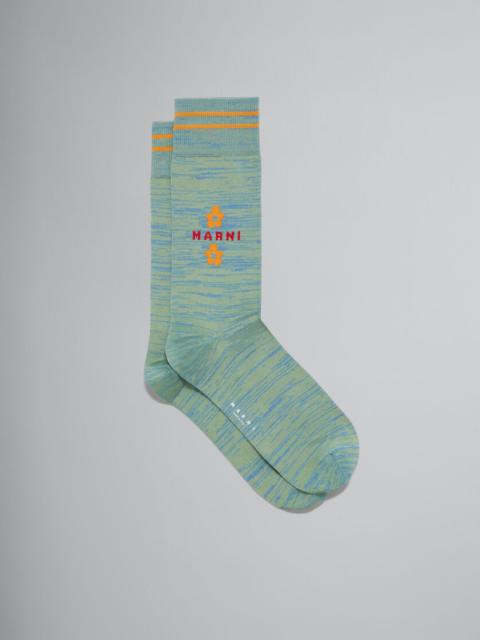 LIGHT BLUE AND GREEN MOULINÉ COTTON SOCKS WITH FLOWERS