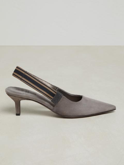 Brunello Cucinelli Suede heels with striped strap and monili