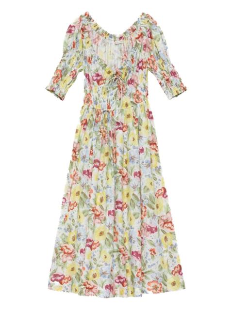 DÔEN Ischia shirred floral-print midi dress