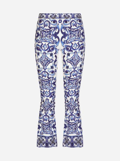 Flared trumpet-leg charmeuse pants with majolica print