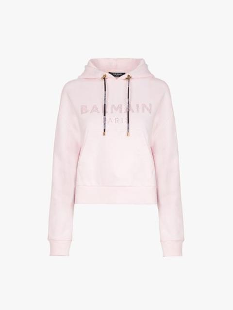 Balmain Cropped pale pink eco-designed cotton sweatshirt with rhinestone Balmain logo