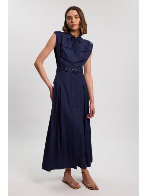 KAREN MILLEN Premium Viscose Linen Belted Woven Midaxi Dress With Gold Hardware Detail
