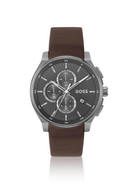 BOSS GRAY-PLATED CHRONOGRAPH WATCH WITH LEATHER STRAP