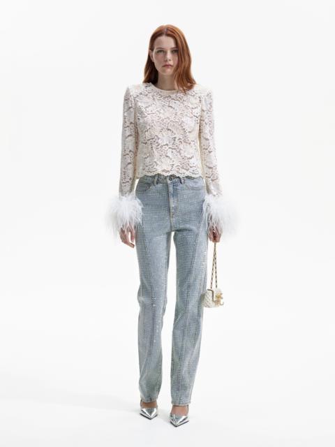 self-portrait Cream Cord Lace Feather Top