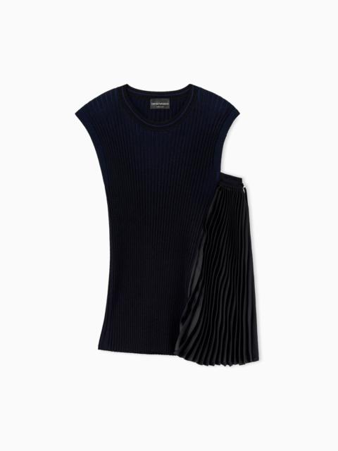EMPORIO ARMANI KNIT TOP WITH ASYMMETRICAL AND SLEEVELESS RIBBED DESIGN AND PLEATED PANEL