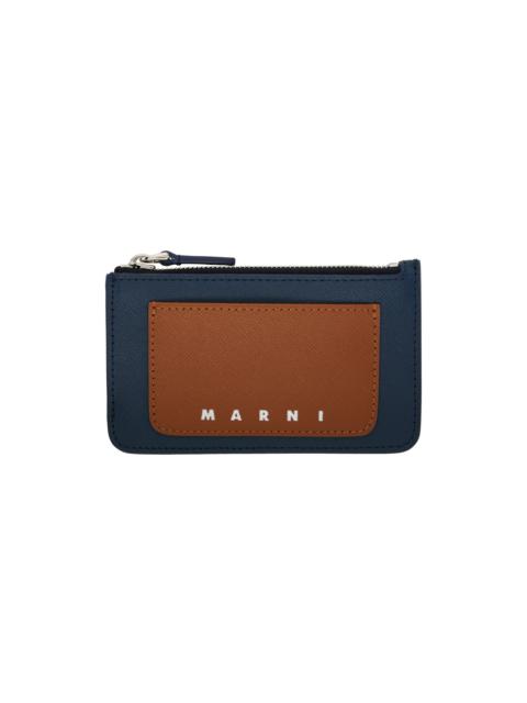 Navy & Brown Saffiano Leather Card Holder