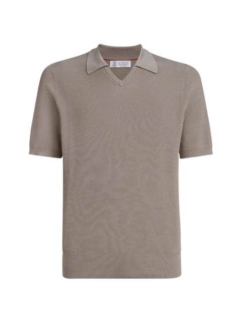 Brunello Cucinelli Men's Cotton English Rib Knit Polo Shirt - Light Brown