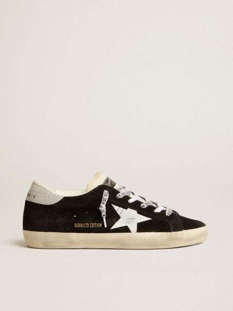 Golden Goose Women's Super-Star LTD in black suede with white printed star and silver glitter heel tab