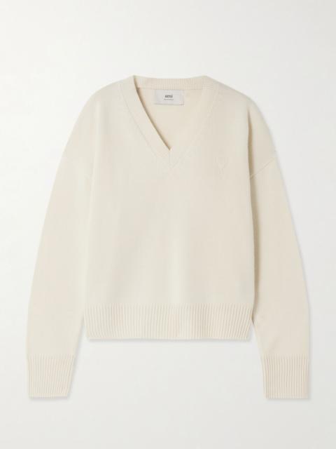 AMI Paris Oversized embroidered wool and cashmere-blend sweater Ivory