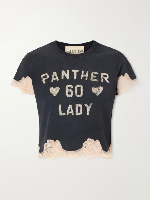 Valentino Cropped printed lace-trimmed cotton-jersey T-shirt Black