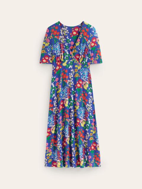 BODEN Rebecca Jersey Midi Tea Dress-Blue, Wildflower Cluster