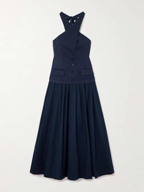 Harrington open-back pleated cotton-twill and poplin halterneck maxi dress
