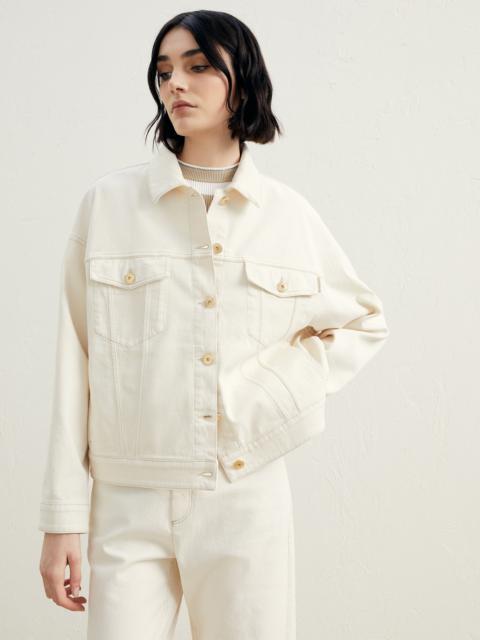 Garment-dyed comfort denim four-pocket jacket with shiny tab