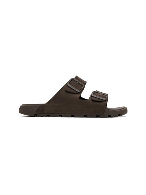 BOSS Brown Twin-Strap Branded Buckle Slides