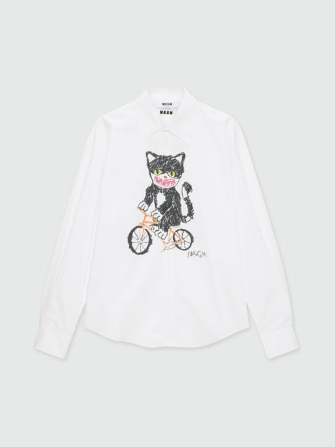 MSGM White long-sleeve cotton poplin shirt with front print