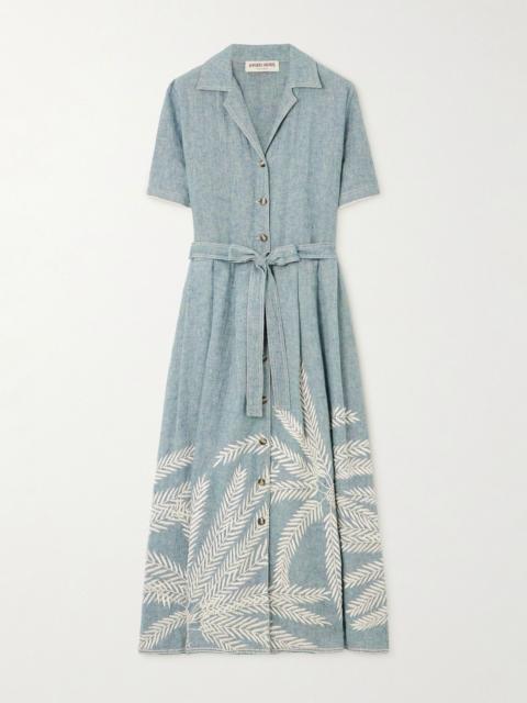EMPORIO SIRENUSE Claudia Palm belted embroidered ramie and linen-blend midi dress Blue