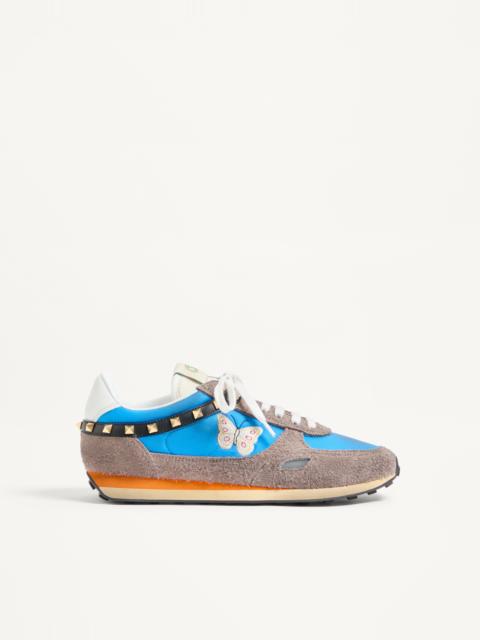 Valentino STUD UP SNEAKER IN SPLIT LEATHER AND NYLON WITH BUTTERFLY EMBROIDERY