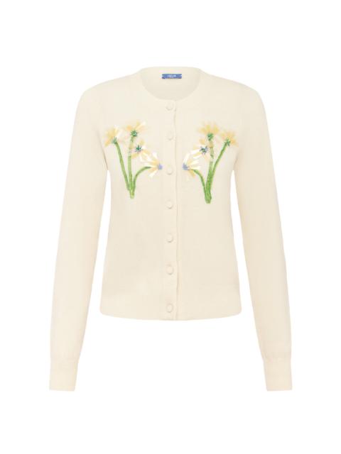LEO LIN Claire Floral-Embellished Wool-Cashmere Cardigan off-white
