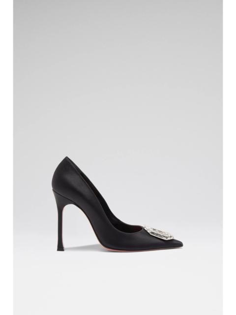 Amina Muaddi CAMELIA PUMP 105 BLACK SATIN AND WHITE BUCKLE