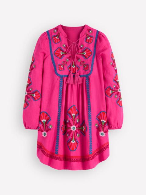 BODEN Pia Linen Blend Yoke Dress-Pink Embroidery