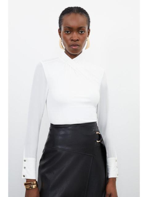 KAREN MILLEN Jersey And Georgette Mix High Neck Top