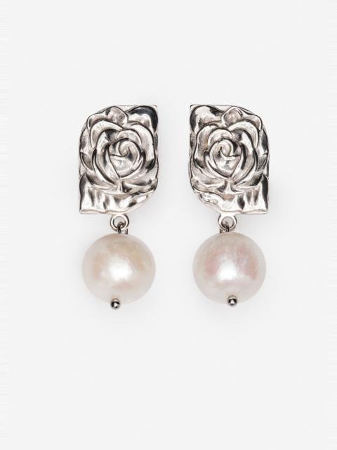 MAGDA BUTRYM Rose-embossed pearl drop earrings in silver