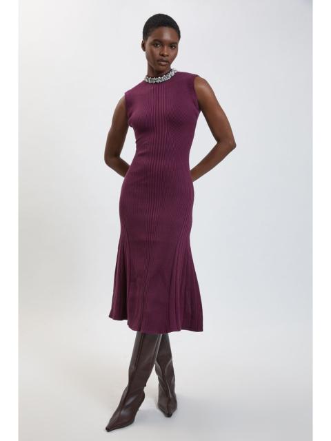 KAREN MILLEN Crystal Neck Trim Viscose Ribbed Maxi Dress With Godets