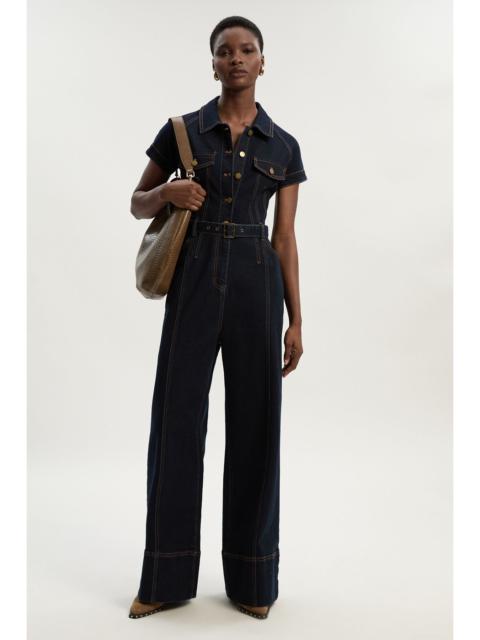 KAREN MILLEN Petite Denim Corset Waist Detail Wide Leg Jumpsuit