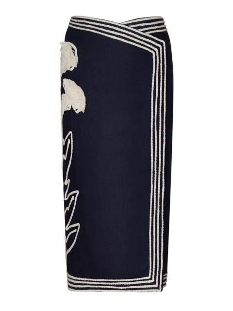 ANDRES OTALORA De Tropico Embroidered Linen Midi Skirt navy