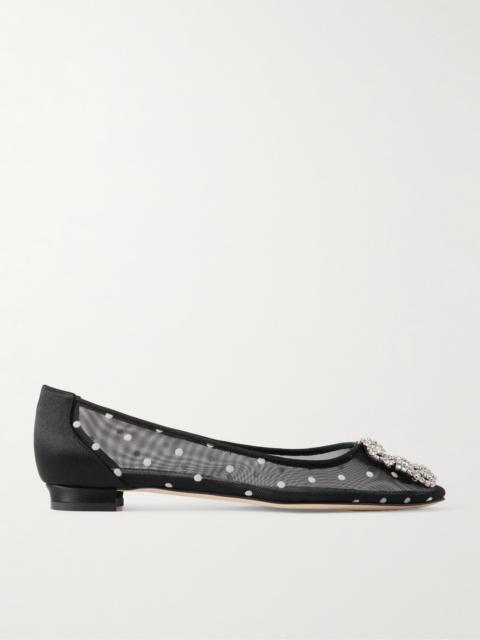 Manolo Blahnik Hangisiflat Satin-trimmed Crystal-embellished Flocked Mesh Point-toe Ballet Flats