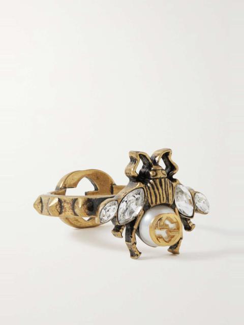 GUCCI Gold-tone, crystal and faux pearl ring