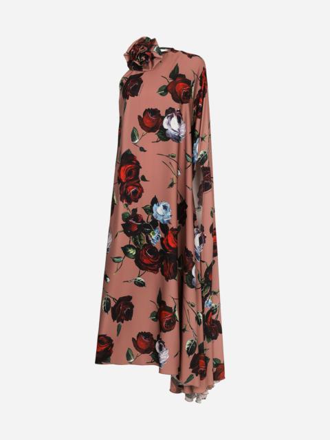 Asymmetrical charmeuse dress with vintage rose print